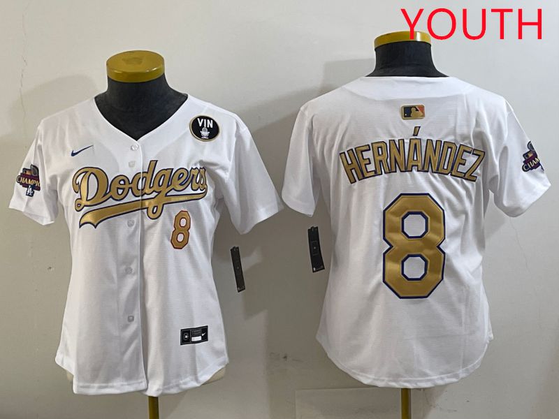 Youth Los Angeles Dodgers #8 Hernandez White Gold Game Nike 2025 MLB Jersey style 4293->youth mlb jersey->Youth Jersey